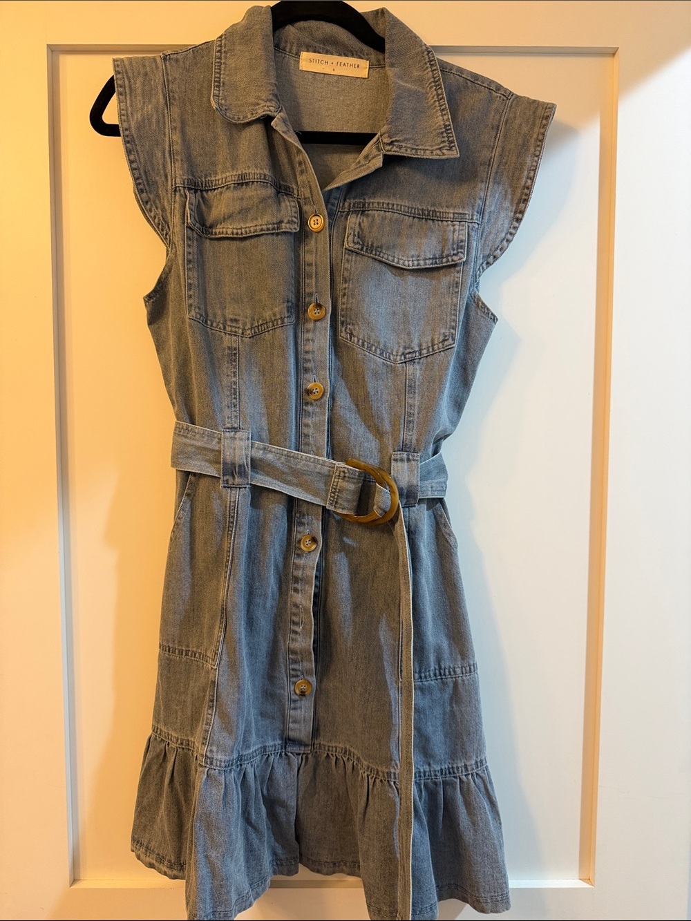 Stitch + Feather Blue Denim Button-Front Mini Dress with Belt